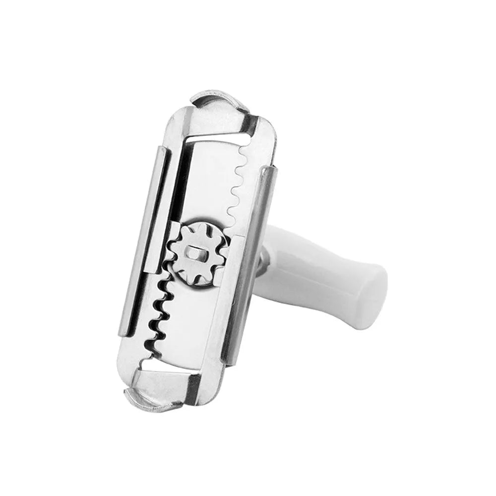 White stainless steel adjustable bottle opener with gear mechanism and polypropylene handle