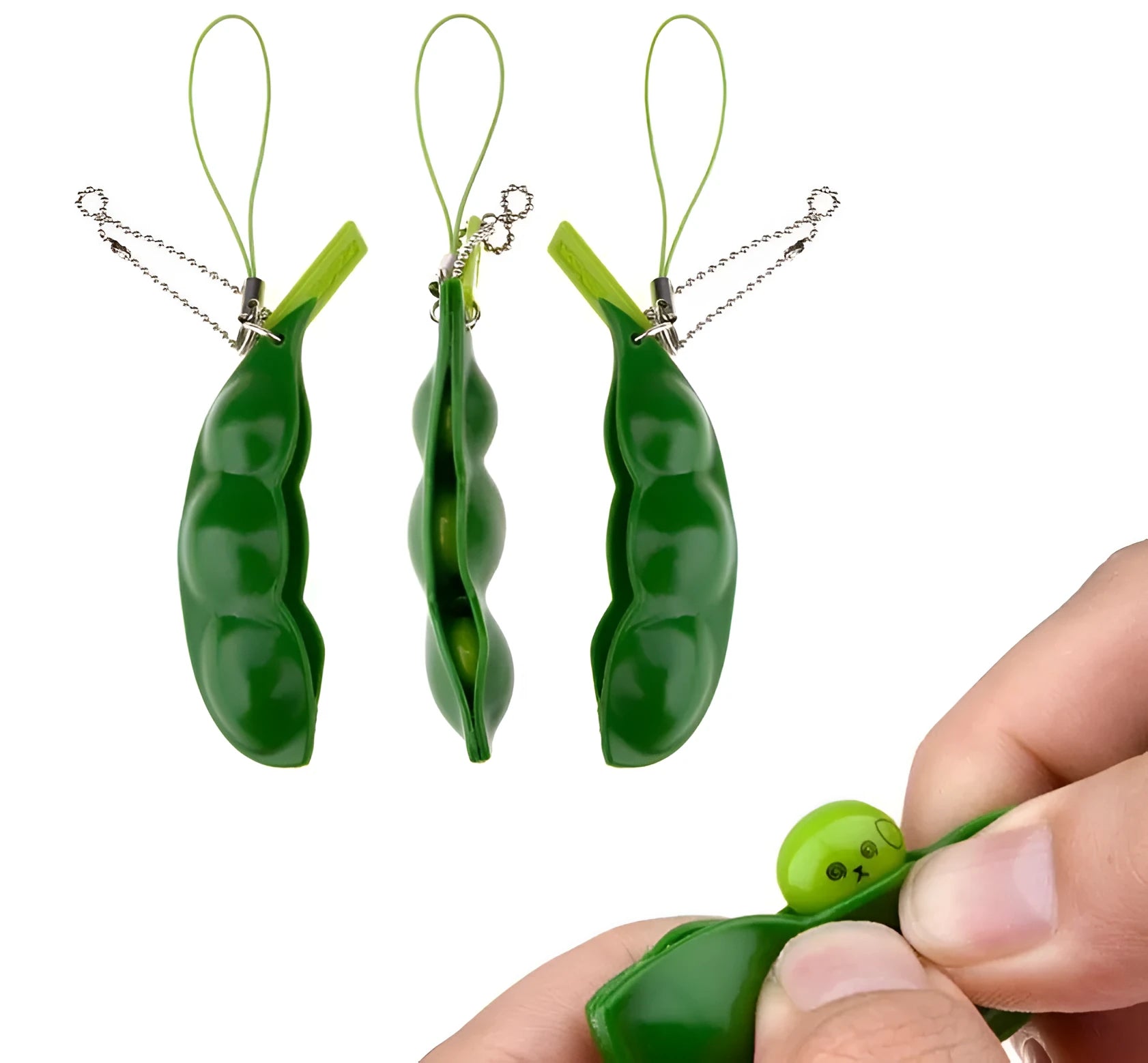 Green soft PU decompression beans toy pendant shaped like a bean pod, designed for squeezing stress relief and hanging on phone or bag