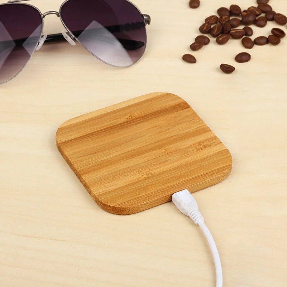 Square bamboo wood 5W wireless charging pad with brown finish and Qi certification