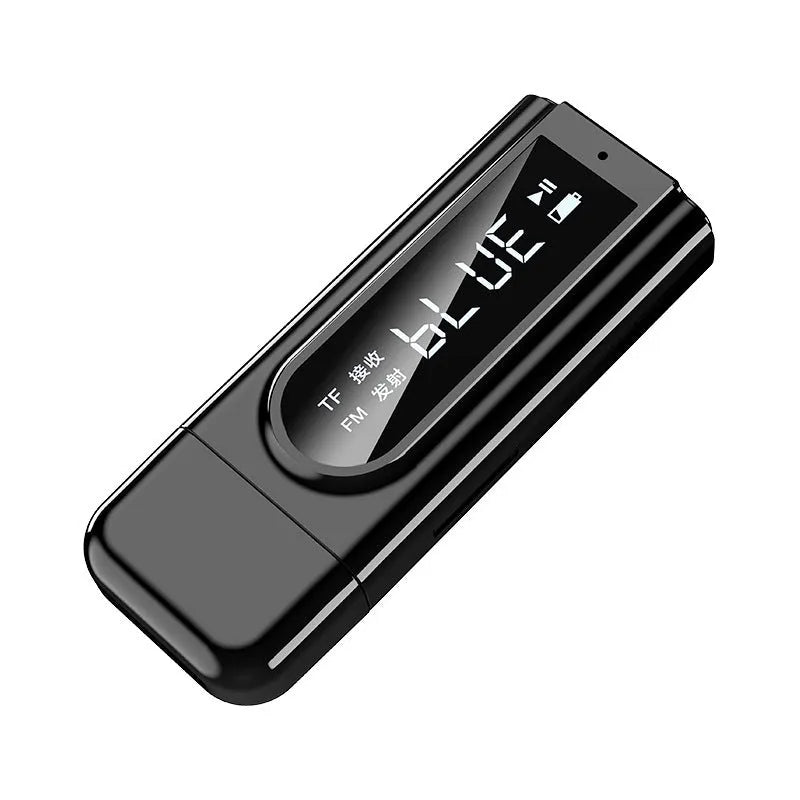 Black USB car FM Bluetooth receiver adapter with USB and AUX ports on front.
