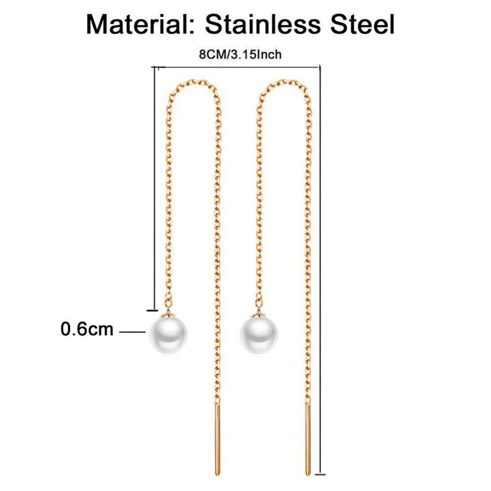 Stainless steel tassel earrings with pearl inlay in gold colour geometric shape for women