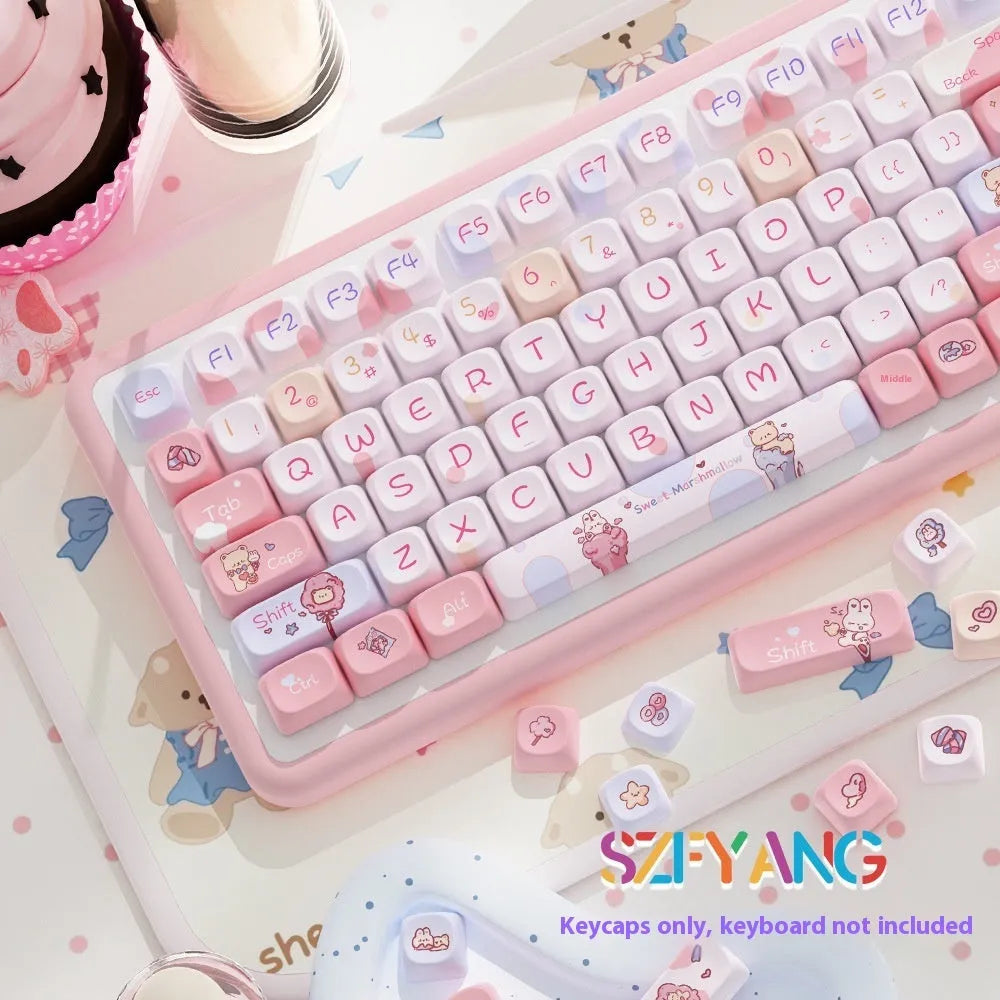 Sweet cotton candy coloured mechanical keyboard keycap set in pastel pink and white, shown in packaging.