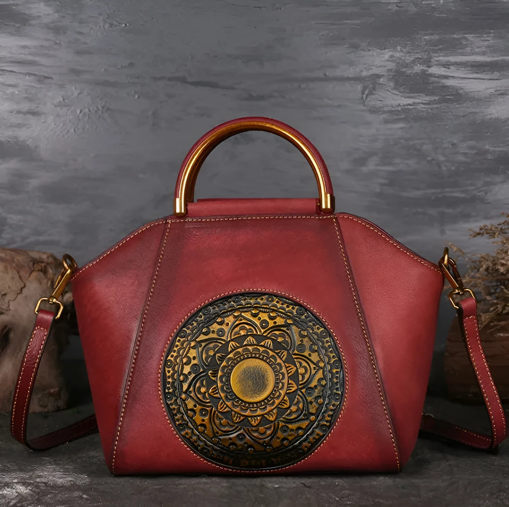Genuine embossed leather messenger top handle bag in Graphite Grey with totem pattern
