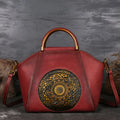 Genuine embossed leather messenger top handle bag in Graphite Grey with totem pattern