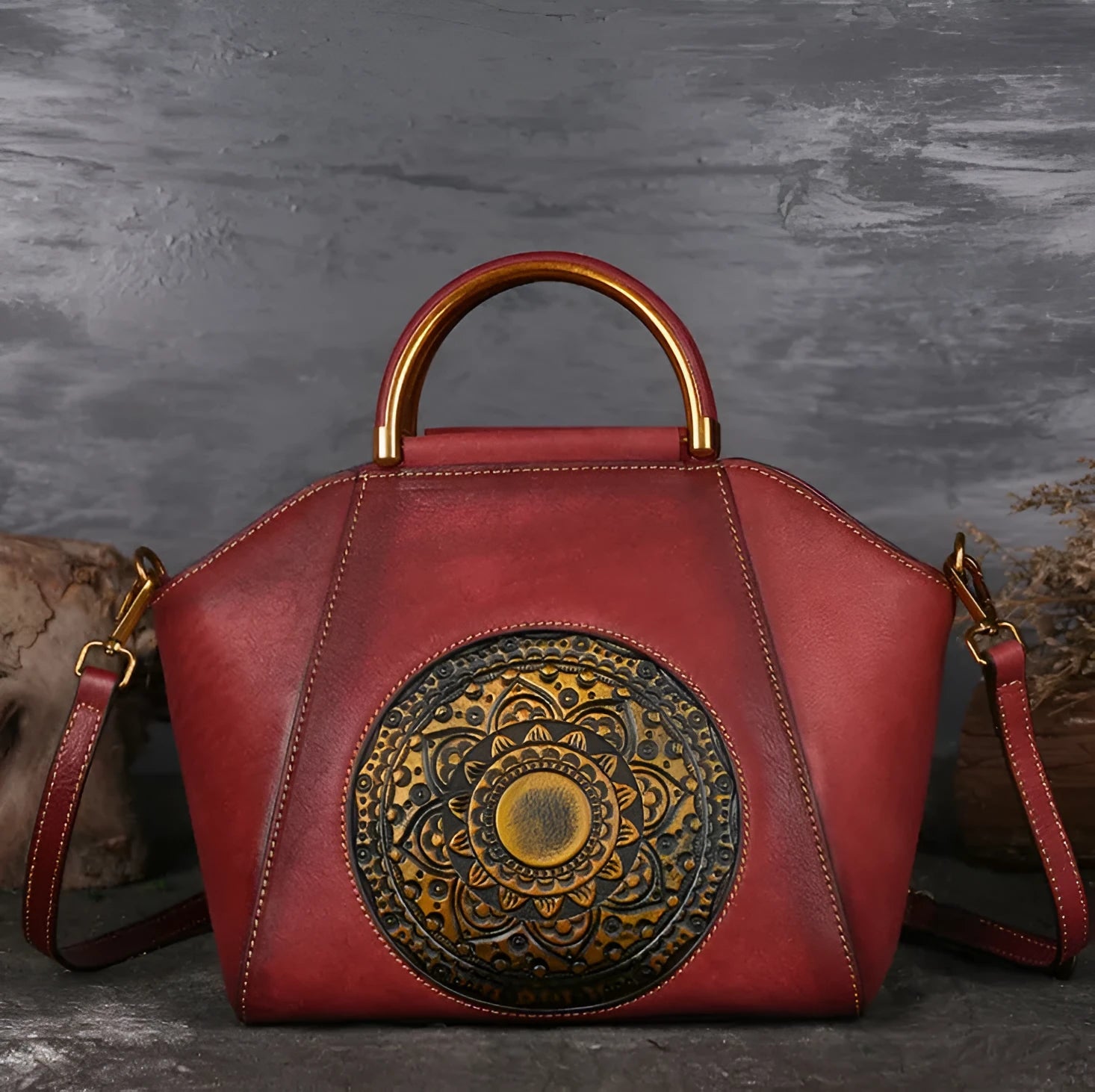 Genuine embossed leather messenger top handle bag in Graphite Grey with totem pattern