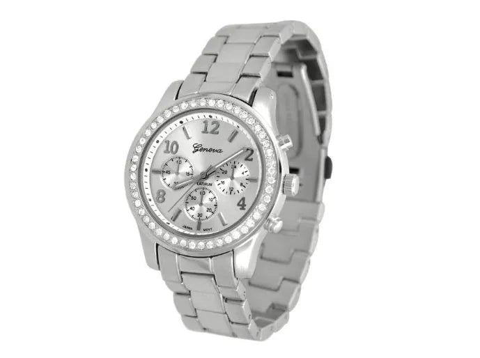 40mm round women's crystal quartz watch with metal alloy bracelet and reclining clasp