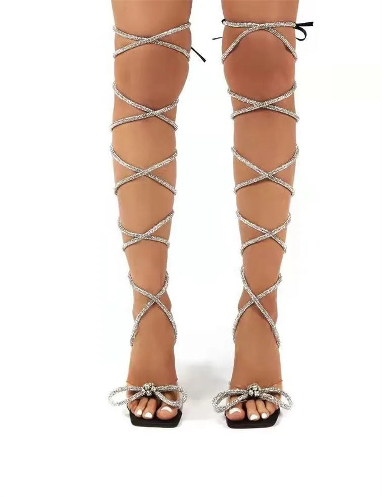 Plus size women's strappy sandals with rhinestone Roman straps and square toe in multiple colours