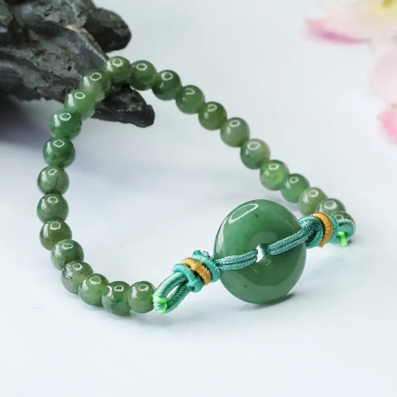Natural emerald green jade bracelet with safety buckle closure, 6mm diameter, star-shaped national style design
