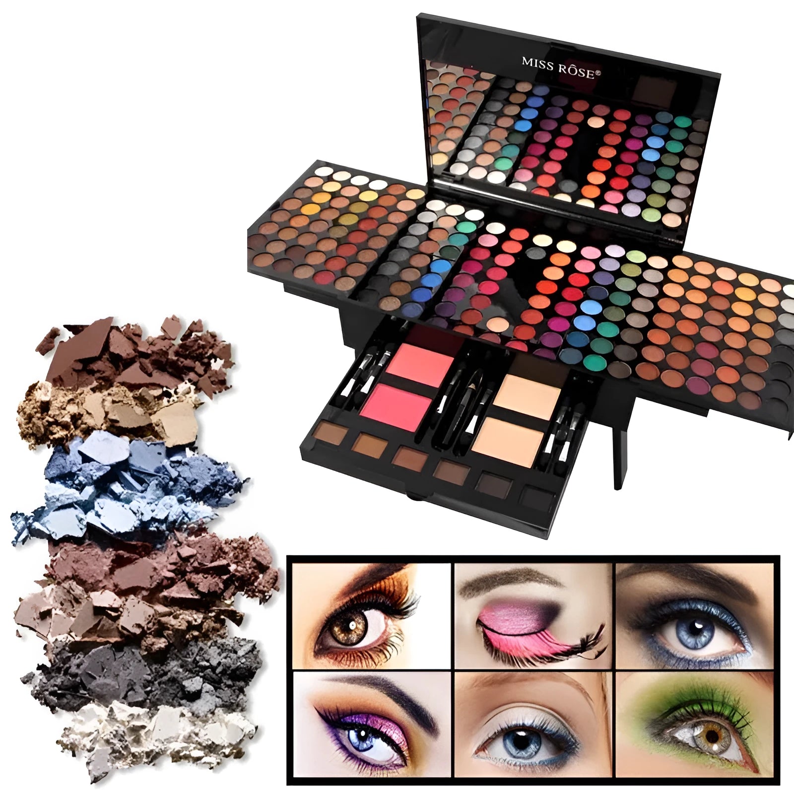 Piano-shaped makeup palette open to show 190 eyeshadow, blush, powder and contour pans