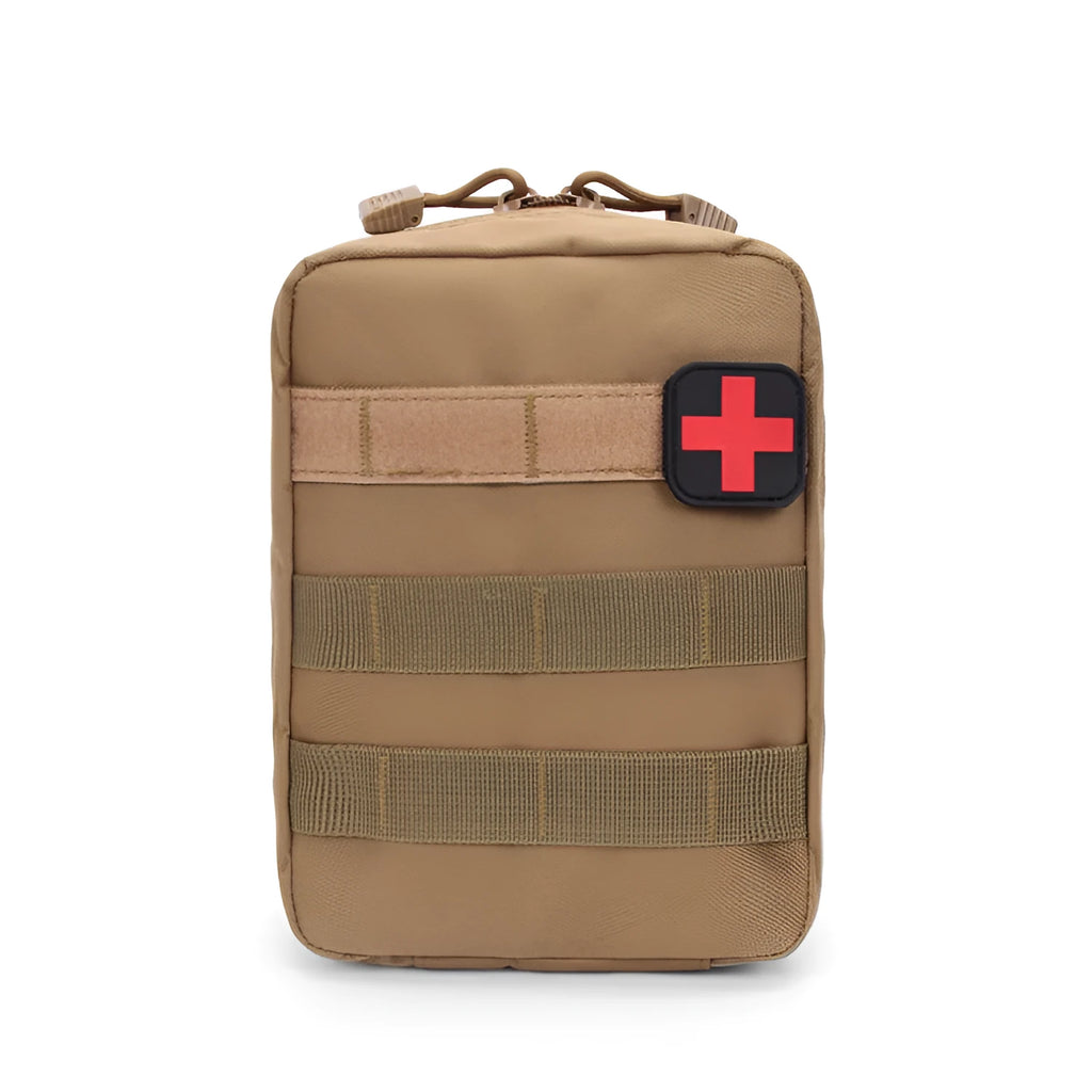Army green tactical medical pouch with hook-and-loop straps for MOLLE attachment.