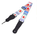 Printed cloth guitar shoulder strap showing colourful design patterns including national flag and lightning motifs
