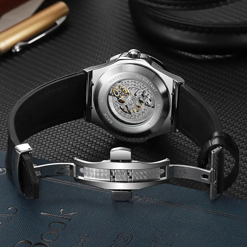 Men's automatic skeleton mechanical watch with diamond-studded dial in a white shell case.