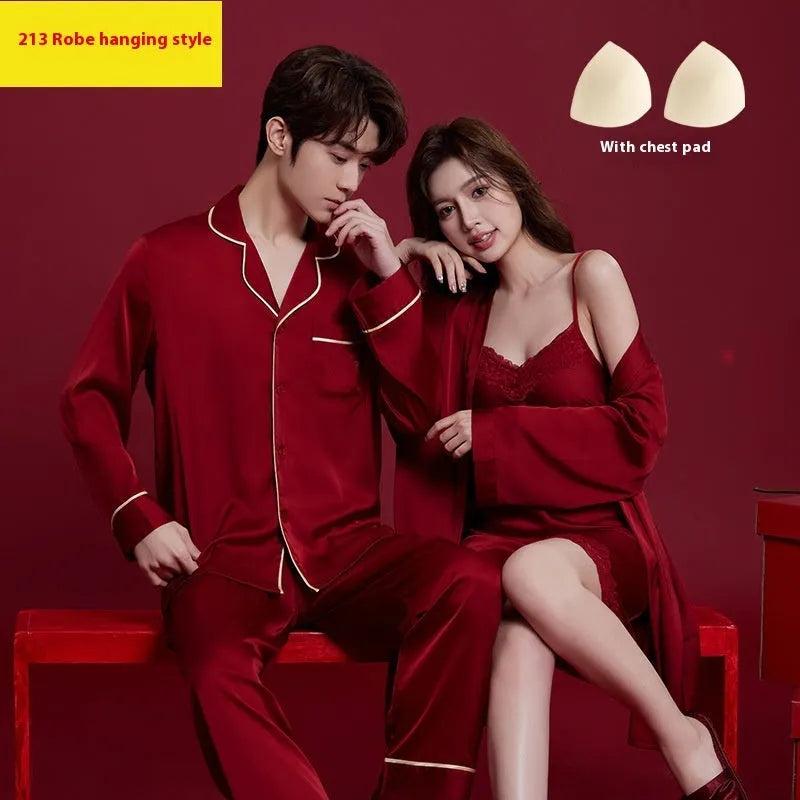 Red silk pyjama set for men and women with long sleeves and trousers