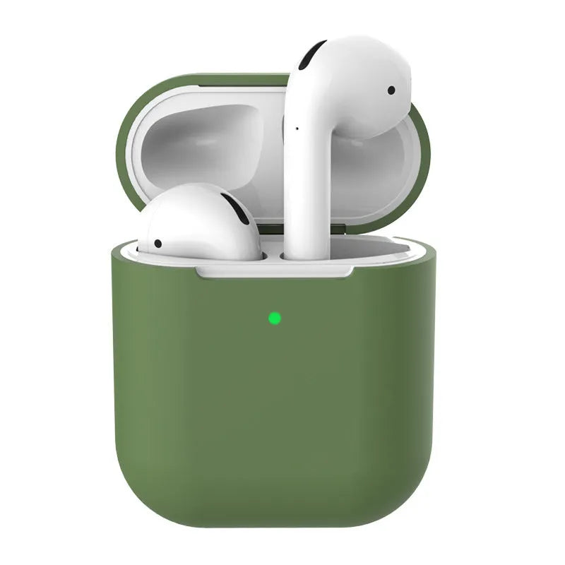 Silicone clamshell protector case for AirPods 2 wireless earphones shown in multiple colour options.