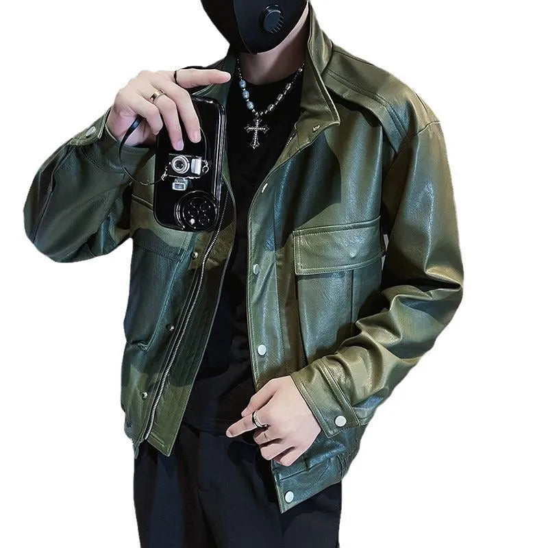 Men's black Korean-style PU leather pilot jacket with side pockets and a straight hem.