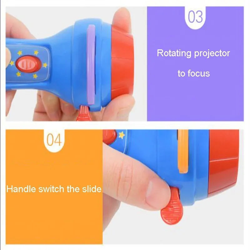 Kids handheld projector torch with clip-on discs projecting fairy tale images on ceiling