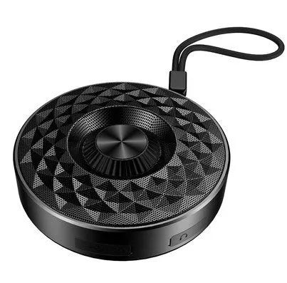 Square black Bluetooth portable speaker with microphone for wireless audio and calls