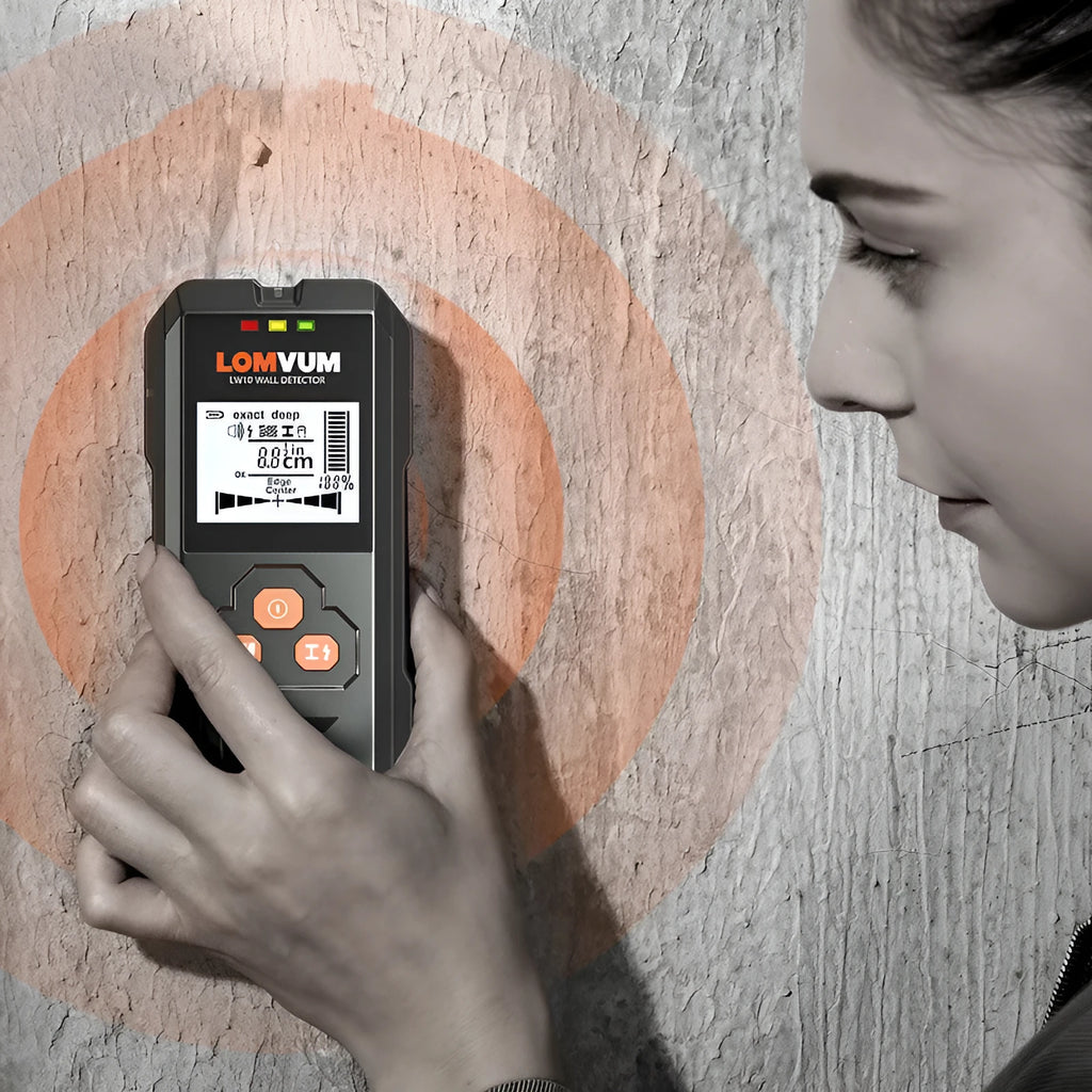 Handheld multifunctional wall detector tool for finding metal, wires, and wood behind walls.