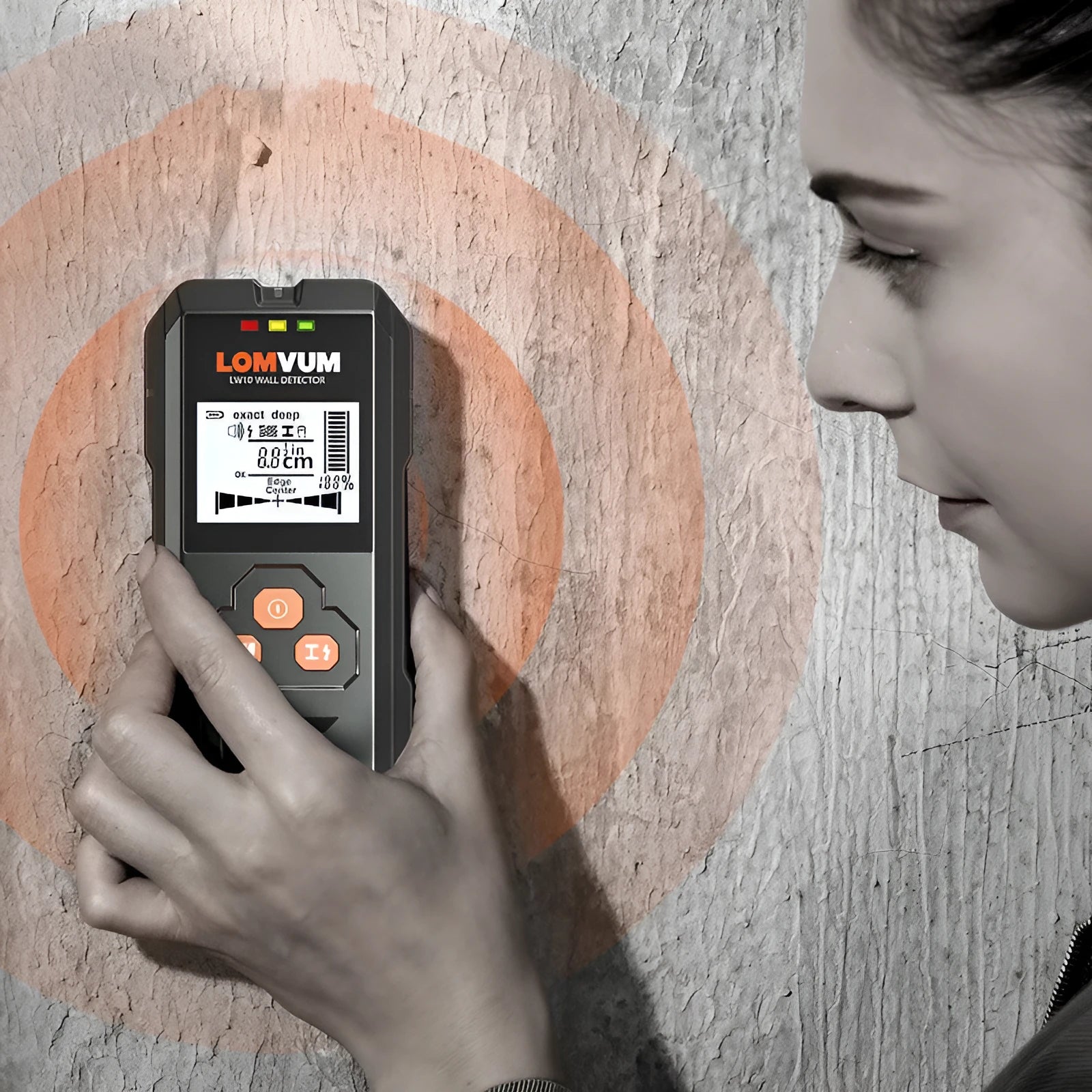 Handheld multifunctional wall detector tool for finding metal, wires, and wood behind walls.