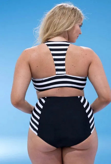 Black split stripe polyester bikini set for women beach swimwear
