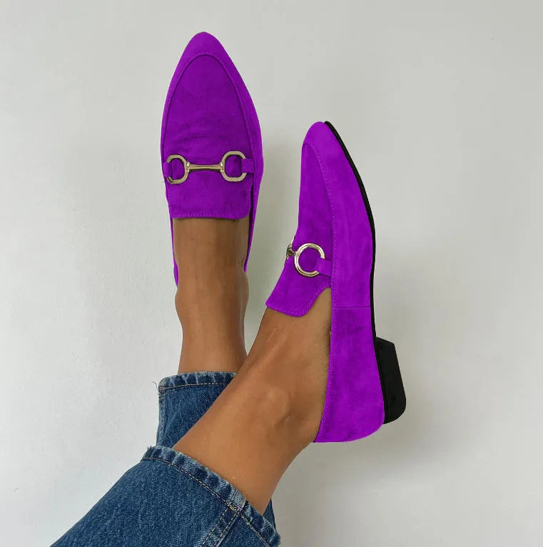 Women's casual flat suede pointed toe buckle shoes in purple, low top with rubber sole, flat heel, shallow mouth cut