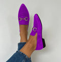 Women's casual flat suede pointed toe buckle shoes in purple, low top with rubber sole, flat heel, shallow mouth cut