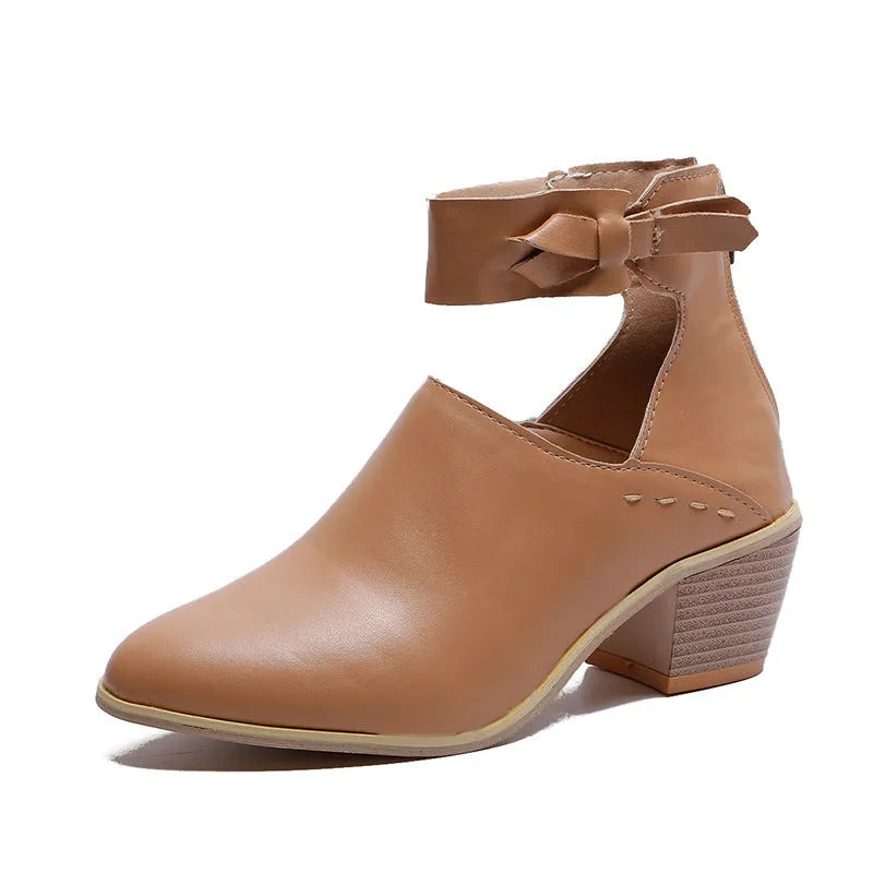 Vintage high heel ankle boots for women in black round toe PU leather mid heel 3-5 cm
