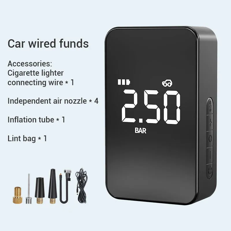 Wireless digital display tyre inflator pump with LED light and accessories on black background