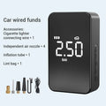 Wireless digital display tyre inflator pump with LED light and accessories on black background