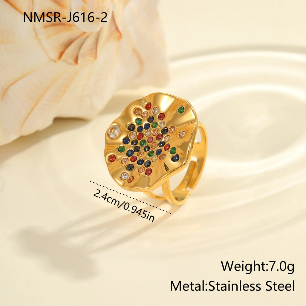 Adjustable open mouth ring with pleated geometric design and colour diamond accents on titanium-finished stainless steel