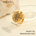 Adjustable open mouth ring with pleated geometric design and colour diamond accents on titanium-finished stainless steel