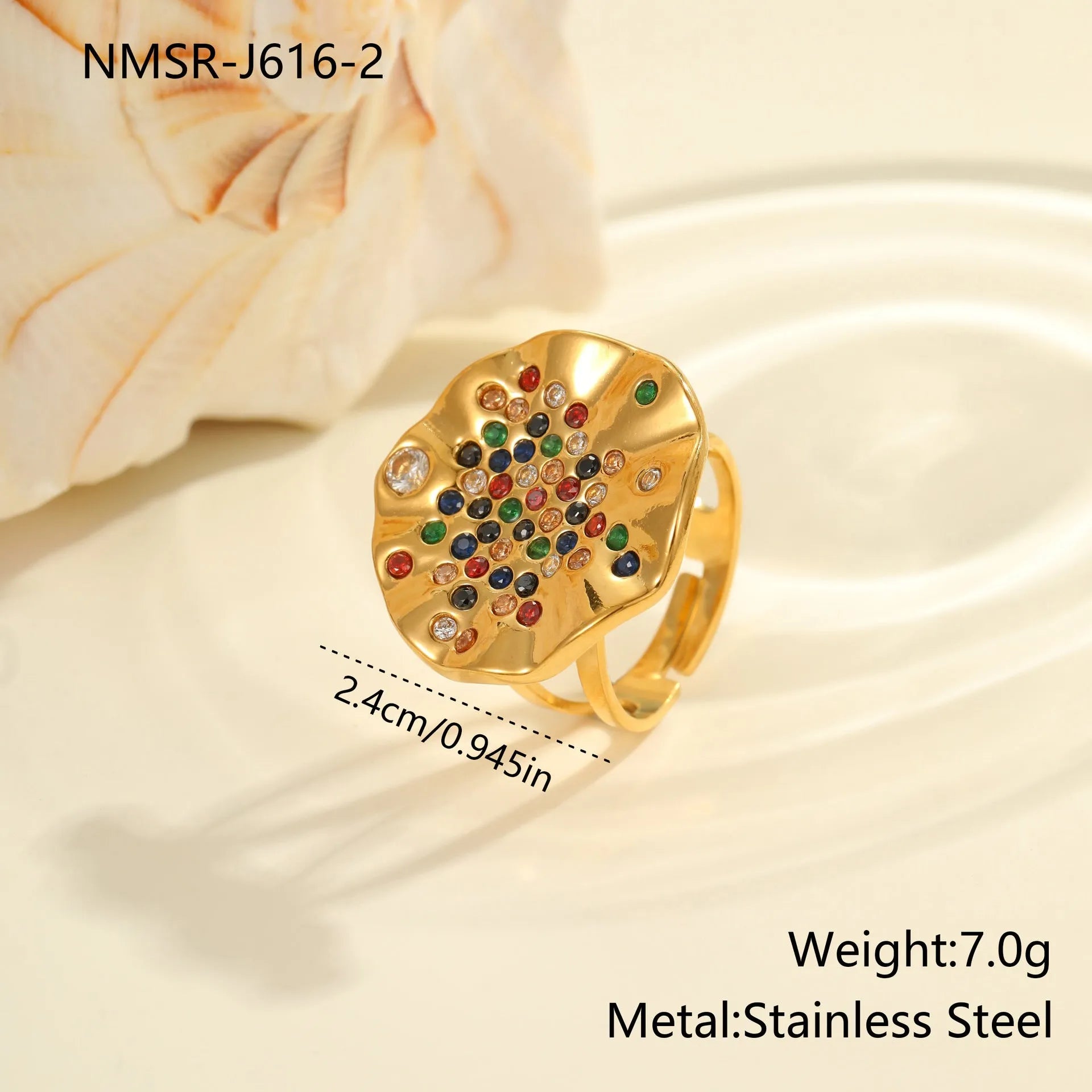 Adjustable open mouth ring with pleated geometric design and colour diamond accents on titanium-finished stainless steel