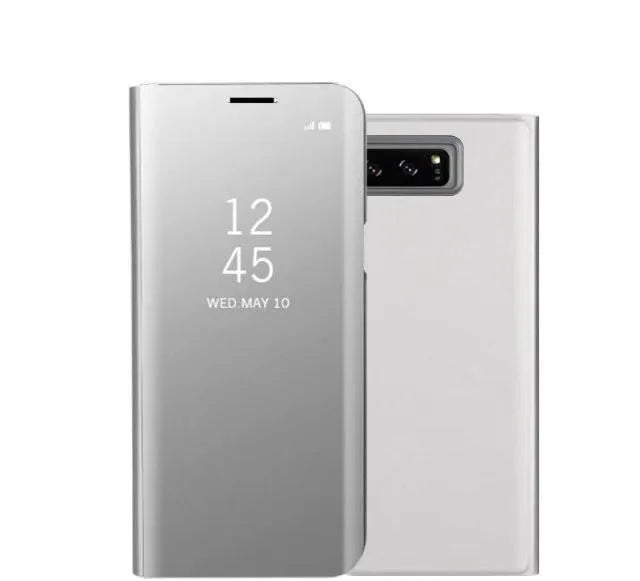 Samsung Galaxy Note20 phone case with a reflective mirror finish and a folded-out bracket stand.