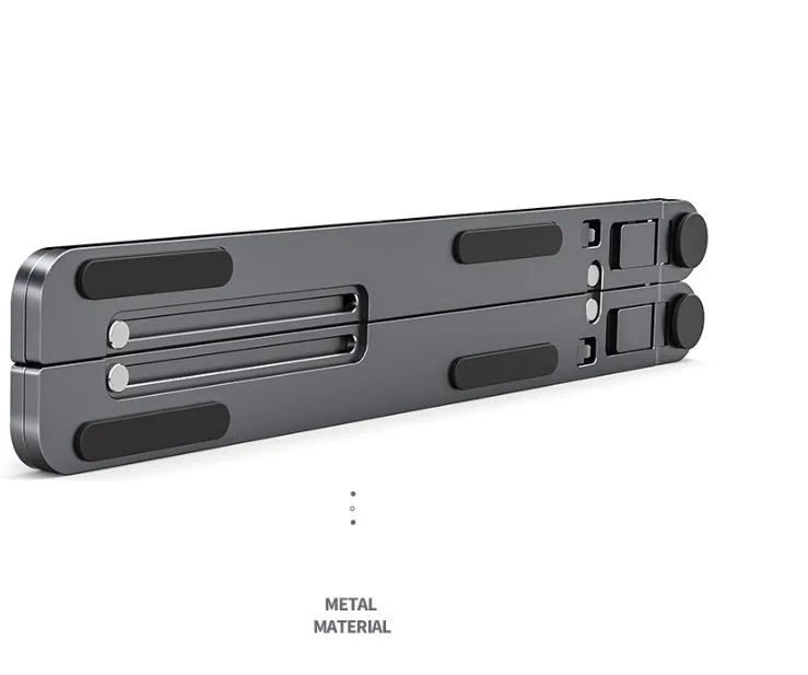 Silver aluminium laptop stand holding a MacBook, shown in both open and folded flat positions.