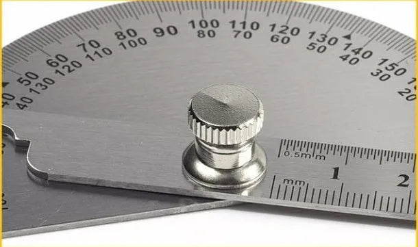 Clear plastic adjustable protractor showing angle measurement scale and two size options
