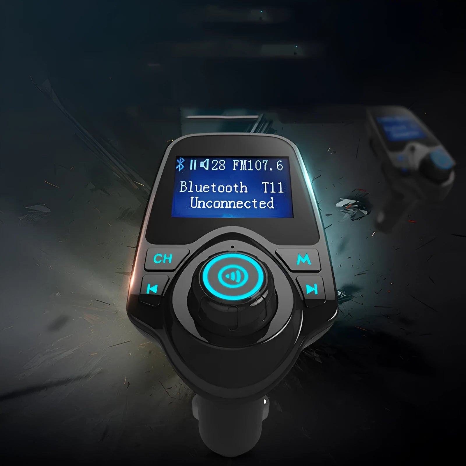 Black car Bluetooth hands-free device with FM transmitter, USB port, and TF card slot for music and calls