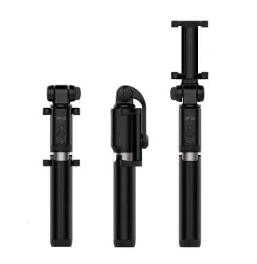 Aluminium alloy Bluetooth selfie stick with remote control and adjustable phone clip next to a smartphone