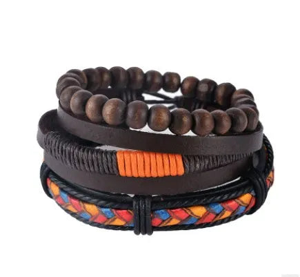 Hand-woven adjustable leather bracelet with wooden beads on a multilayer wrap design.