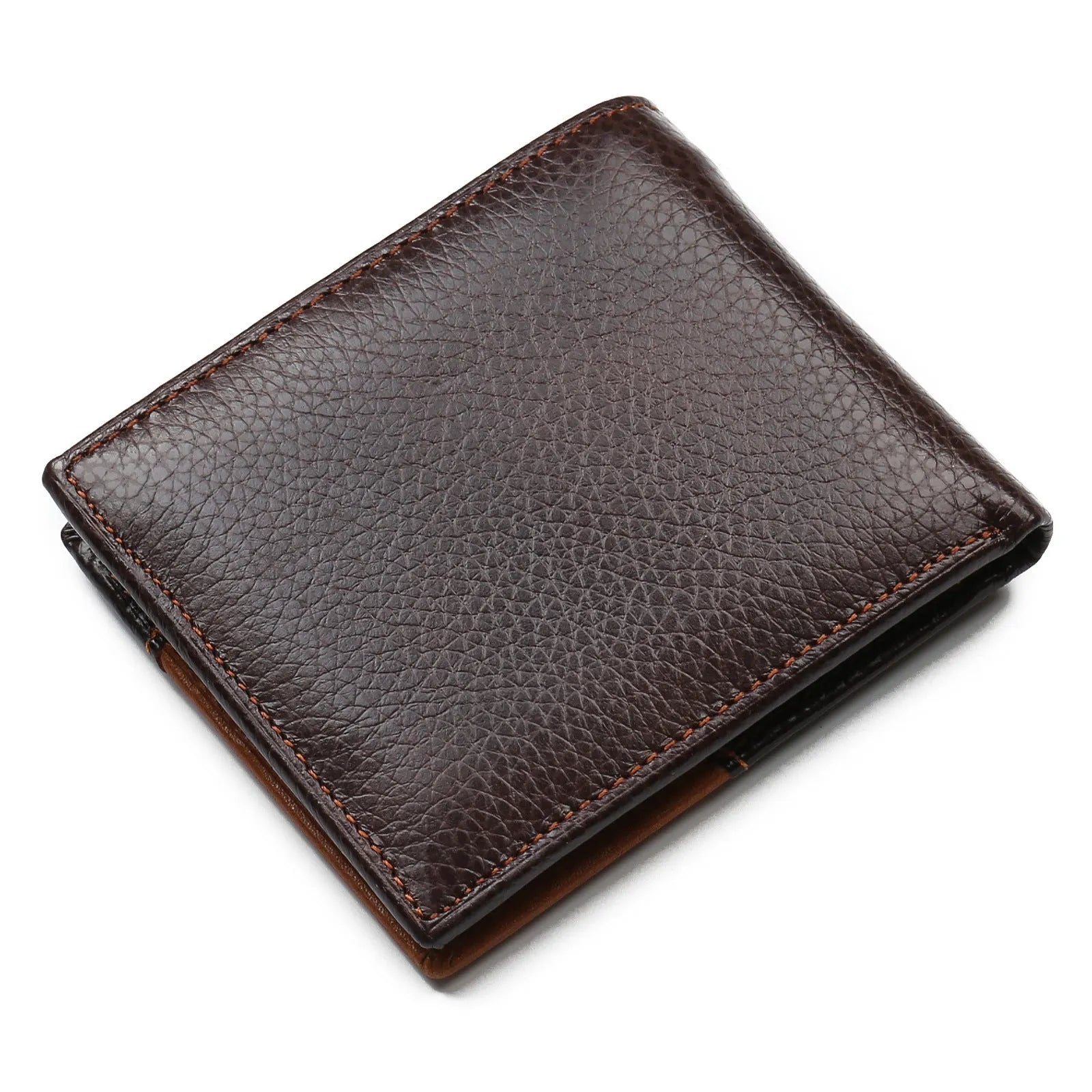 Men's brown leather wallet with contrast stitching, open to show card slots, bill compartment, and zipper section.