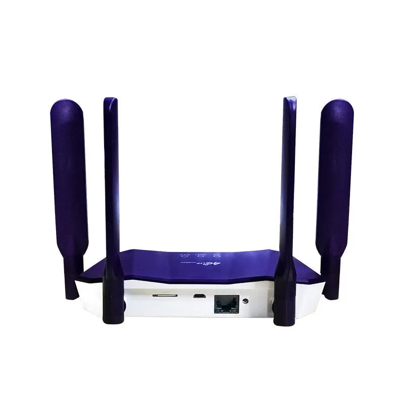 Blue 4G dual mode router with four external antennas showing dimensions 153x137x21mm