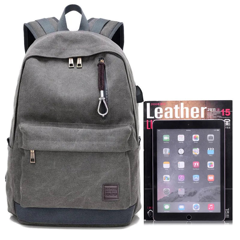 Canvas backpack with USB charging port showing coffee, grey, khaki, and black colour options