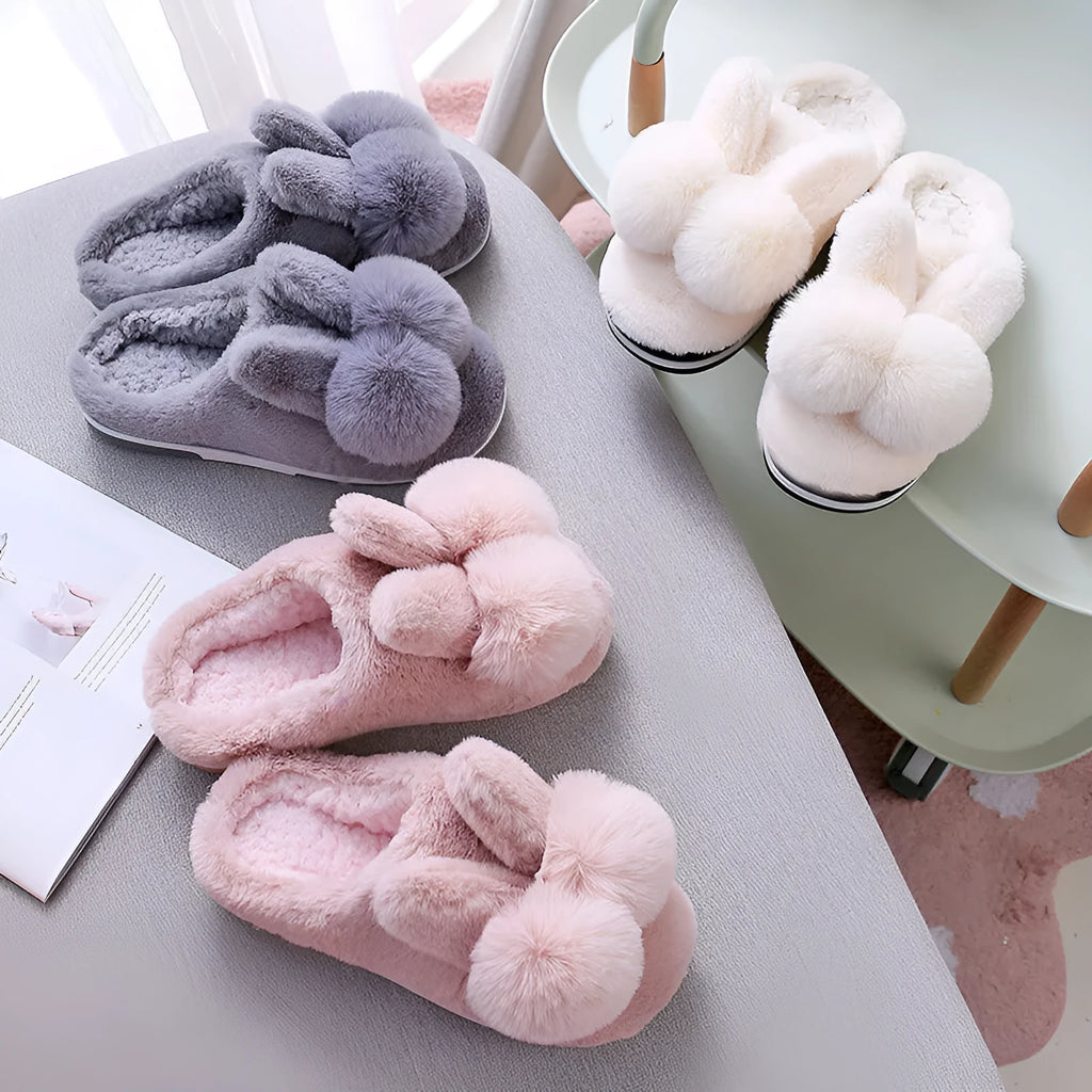 Women's rabbit fur winter slippers with floral detail in coffee, white, grey, red, or pink colours