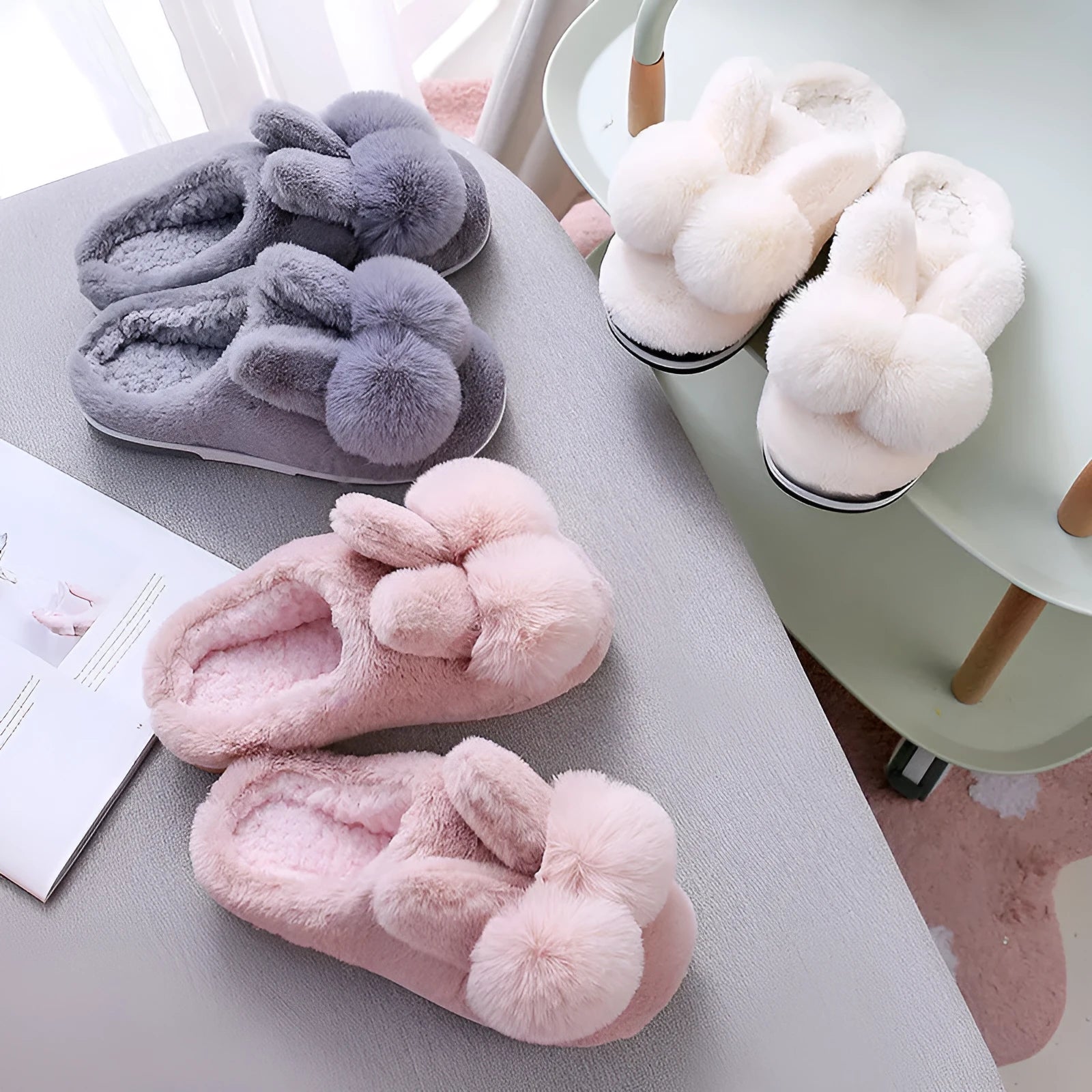 Women's rabbit fur winter slippers with floral detail in coffee, white, grey, red, or pink colours
