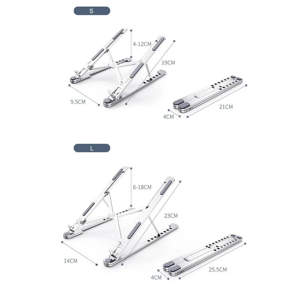 Silver aluminium laptop stand holding a MacBook, shown in both open and folded flat positions.