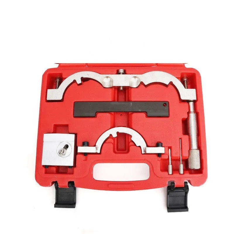 Red chrome-vanadium steel Opel 1.4 LUJ engine timing tool set with seven pieces.