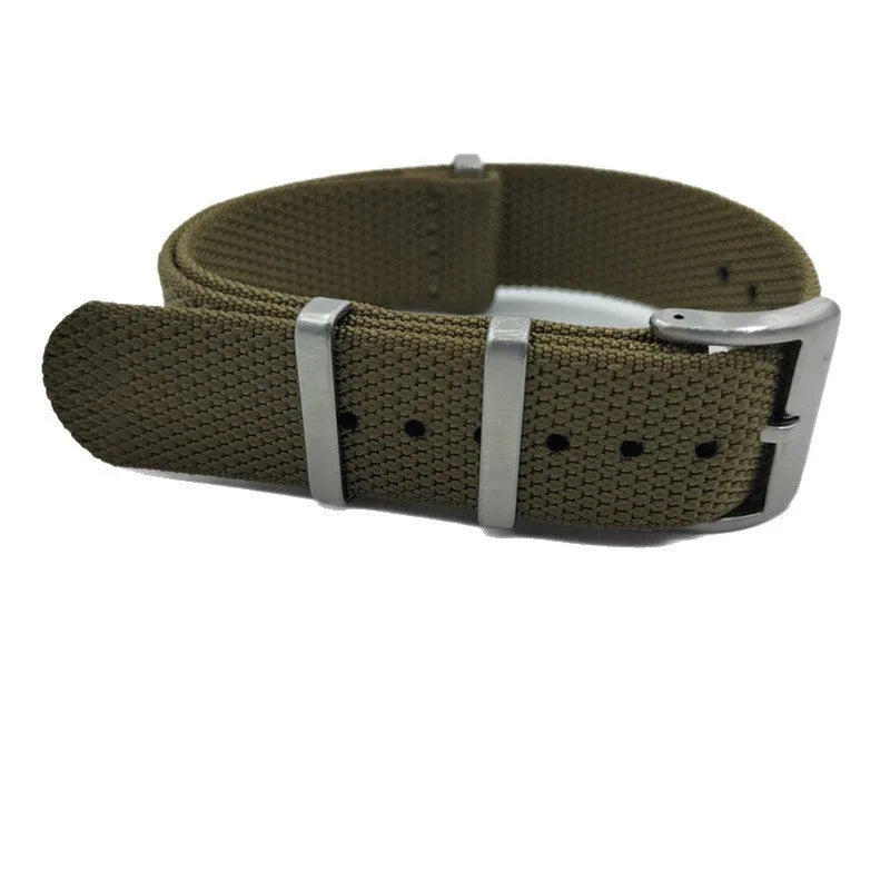 Textile nylon watch strap in Army Green colour, showing integrated strap design and buckle.
