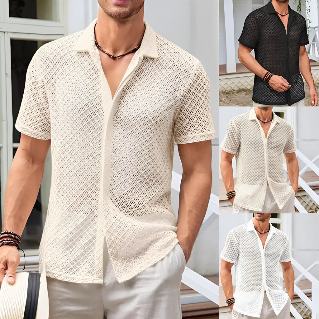 Men's beige short sleeve mesh cardigan shirt with lapel collar laid flat.