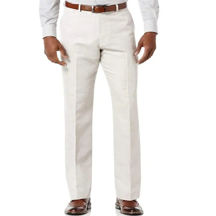 Men's beige white linen blend casual trousers with slant pockets laid flat.