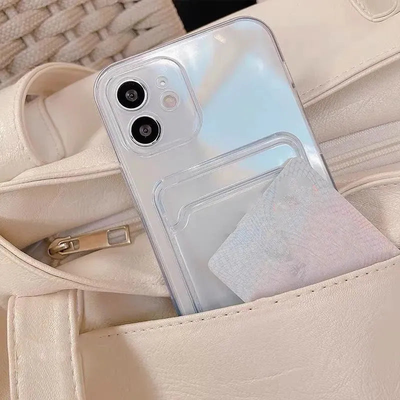Clear transparent PVC iPhone case with a credit card visible in the integrated rear slot.