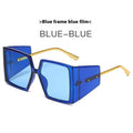 A pair of large square frame sunglasses in a selection of colours including black, blue, and champagne.